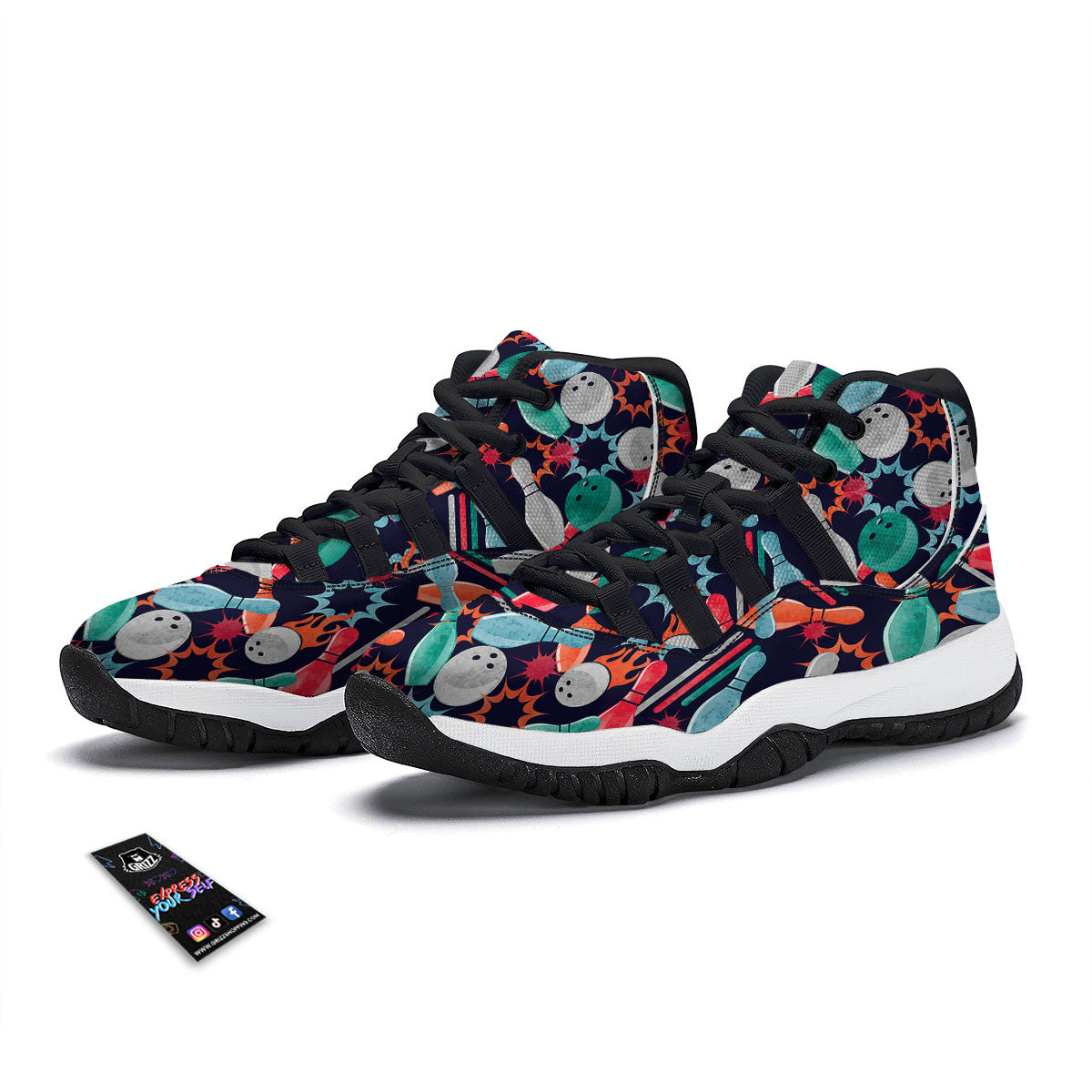 Bowling Theme Watercolor Print Pattern Black Bball Shoes-grizzshop