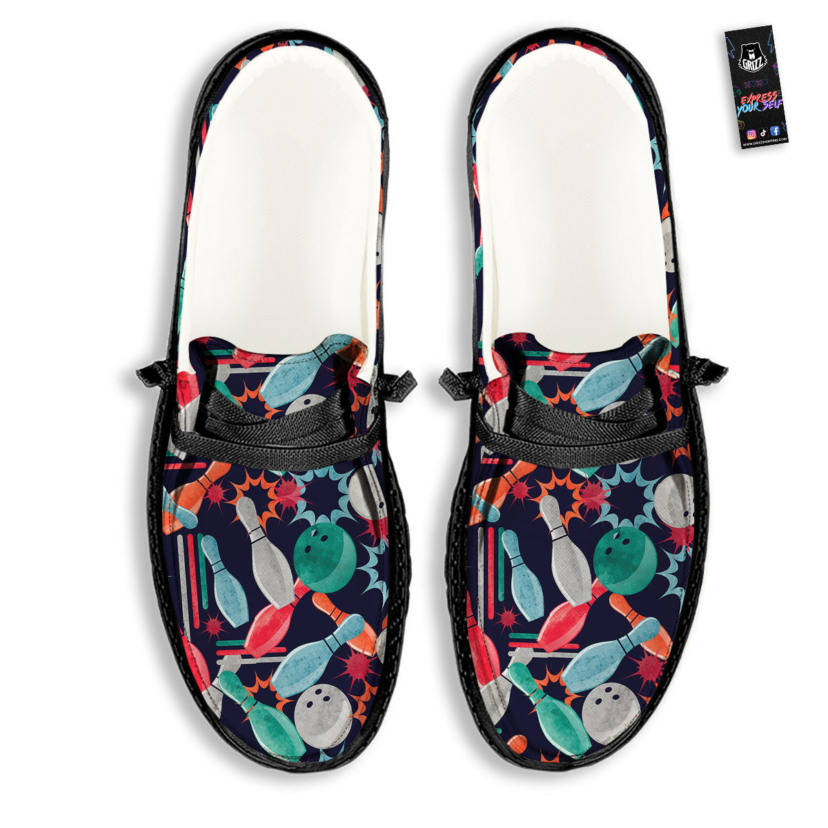 Bowling Theme Watercolor Print Pattern Black Loafers-grizzshop
