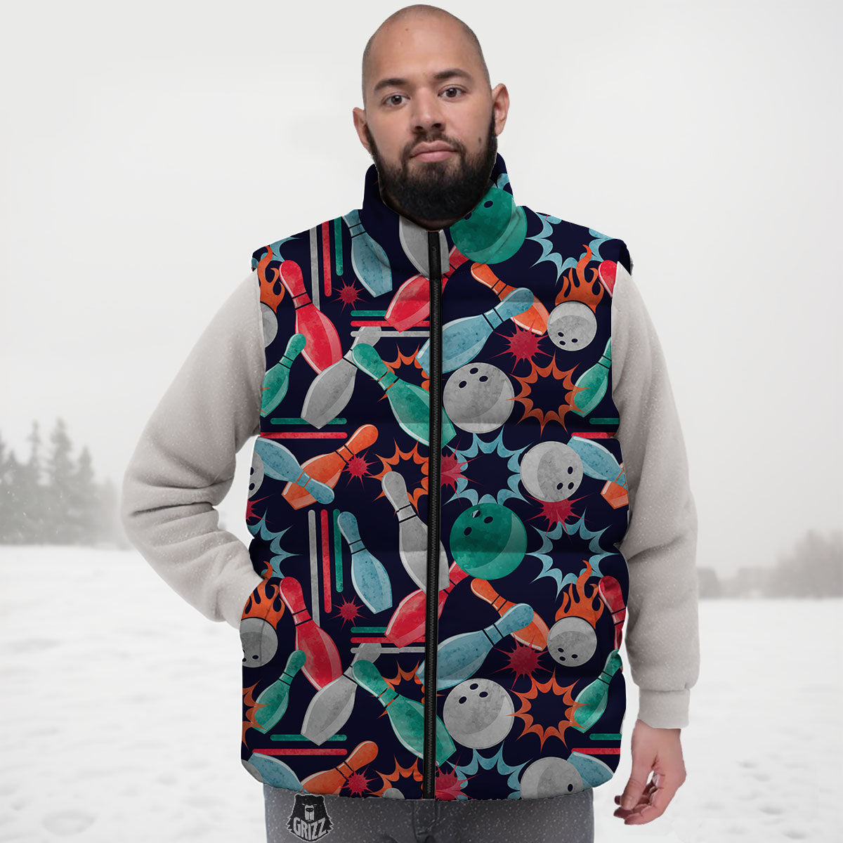 Bowling Theme Watercolor Print Pattern Down Vest-grizzshop