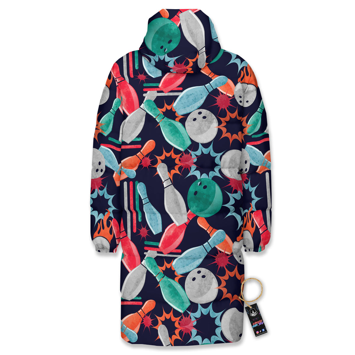 Bowling Theme Watercolor Print Pattern Long Down Jacket-grizzshop