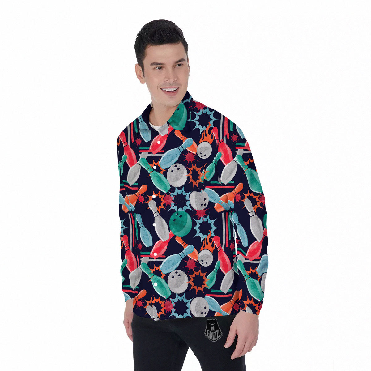 Bowling Theme Watercolor Print Pattern Men's Long Sleeve Shirts-grizzshop
