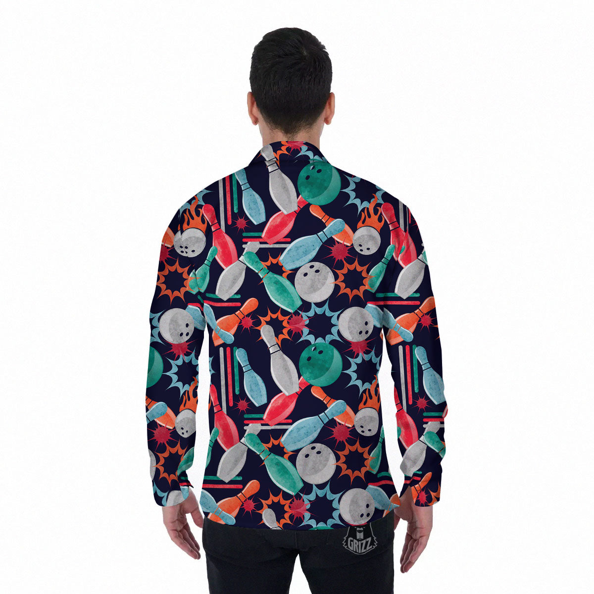 Bowling Theme Watercolor Print Pattern Men's Long Sleeve Shirts-grizzshop