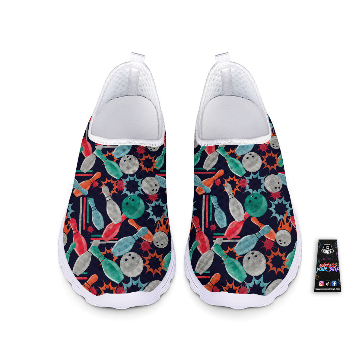 Bowling Theme Watercolor Print Pattern Nurse Shoes-grizzshop