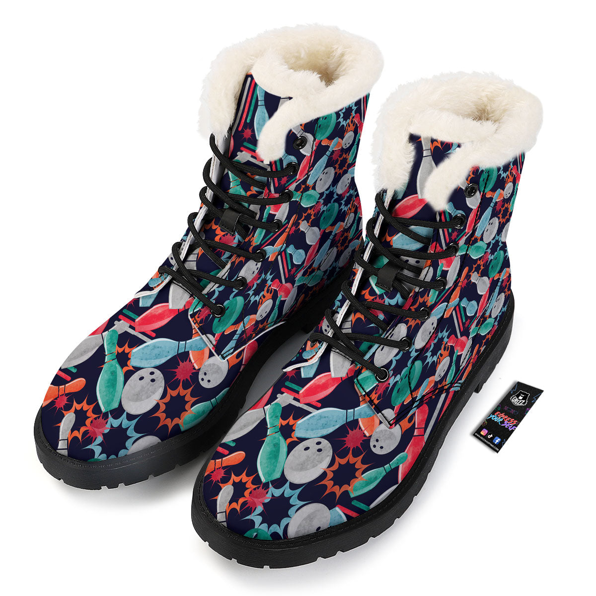 Bowling Theme Watercolor Print Pattern Winter Boots-grizzshop