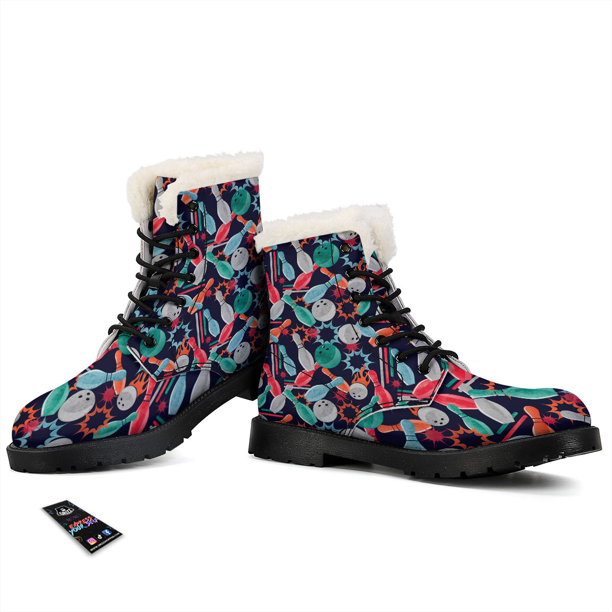 Bowling Theme Watercolor Print Pattern Winter Boots-grizzshop