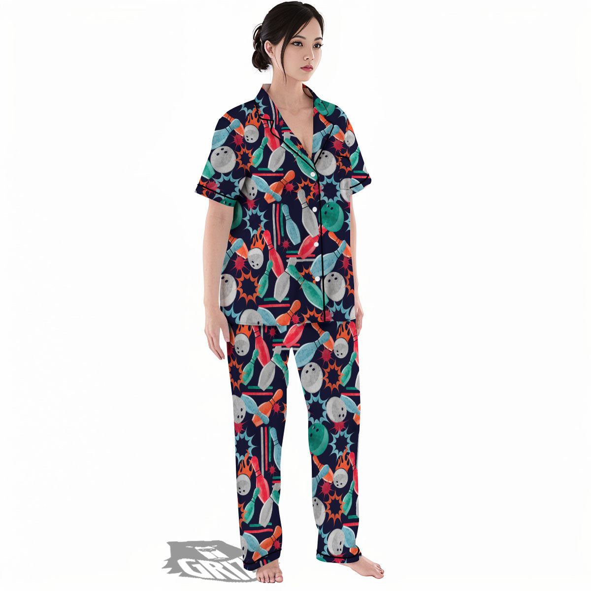 Bowling Theme Watercolor Print Pattern Women's Pajamas Set-grizzshop