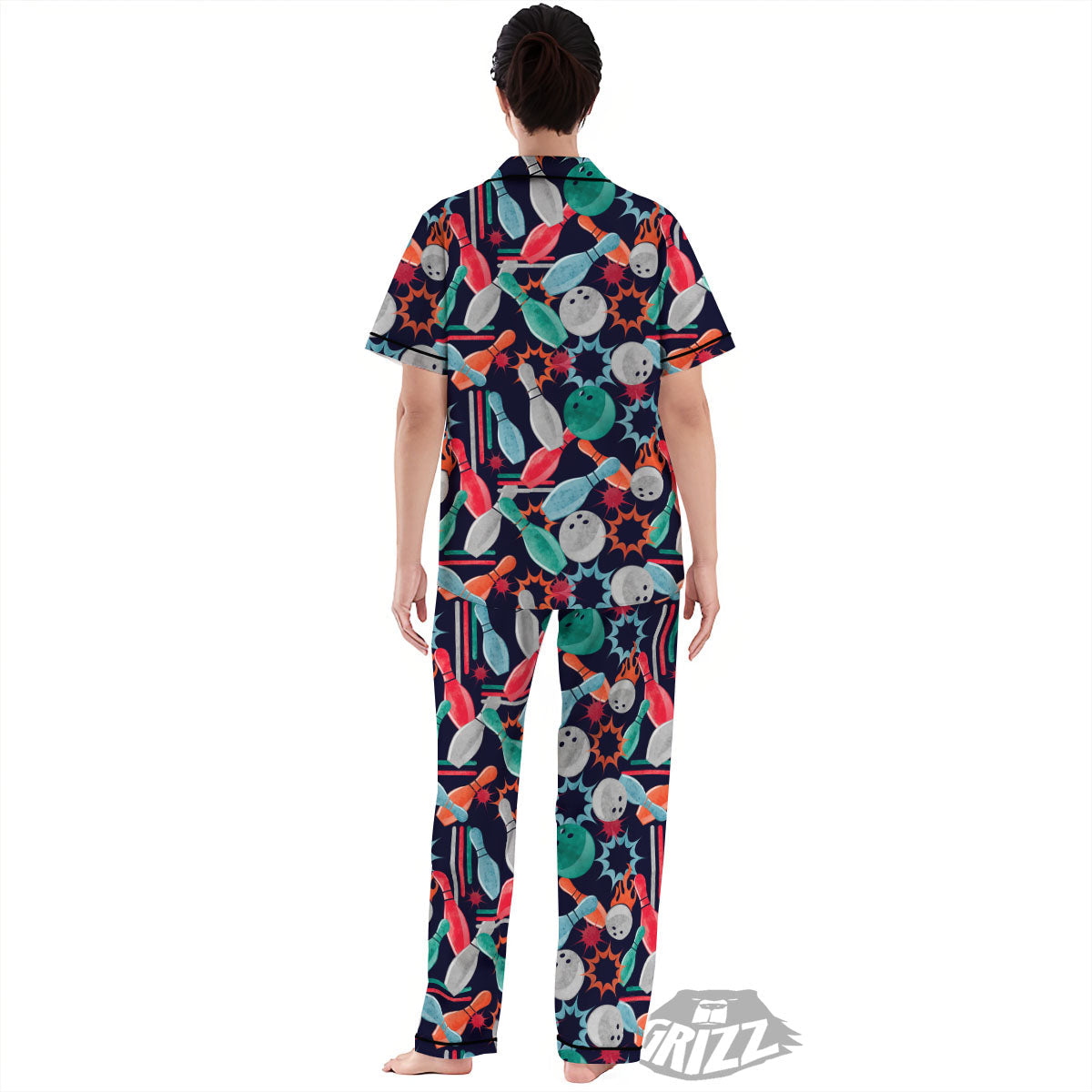 Bowling Theme Watercolor Print Pattern Women's Pajamas Set-grizzshop