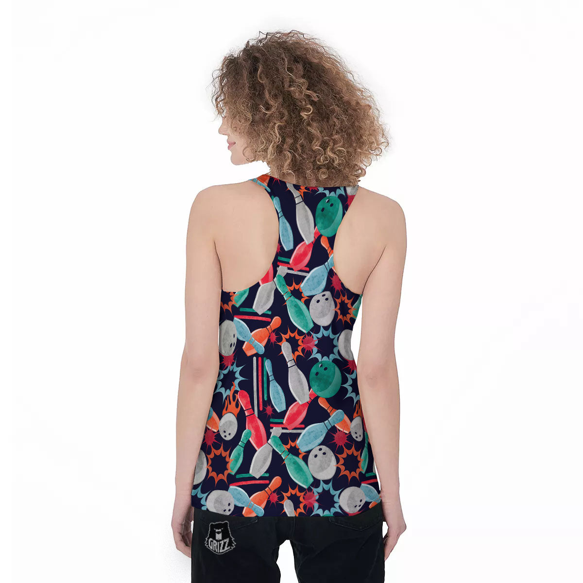 Bowling Theme Watercolor Print Pattern Women's Racerback Tank Top-grizzshop