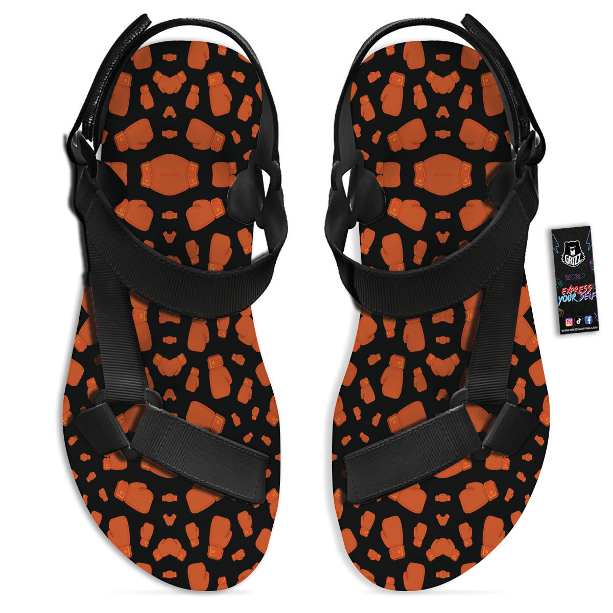 Boxing Gloves Print Pattern Black Open Toe Sandals-grizzshop