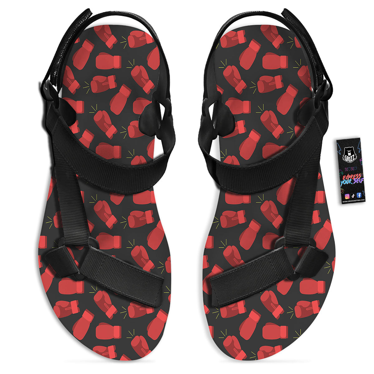 Boxing Gloves Red Print Pattern Black Open Toe Sandals-grizzshop