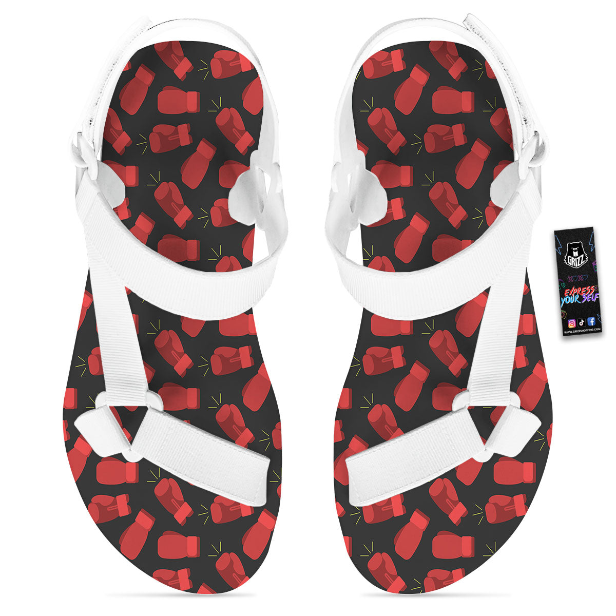 Boxing Gloves Red Print Pattern White Open Toe Sandals-grizzshop