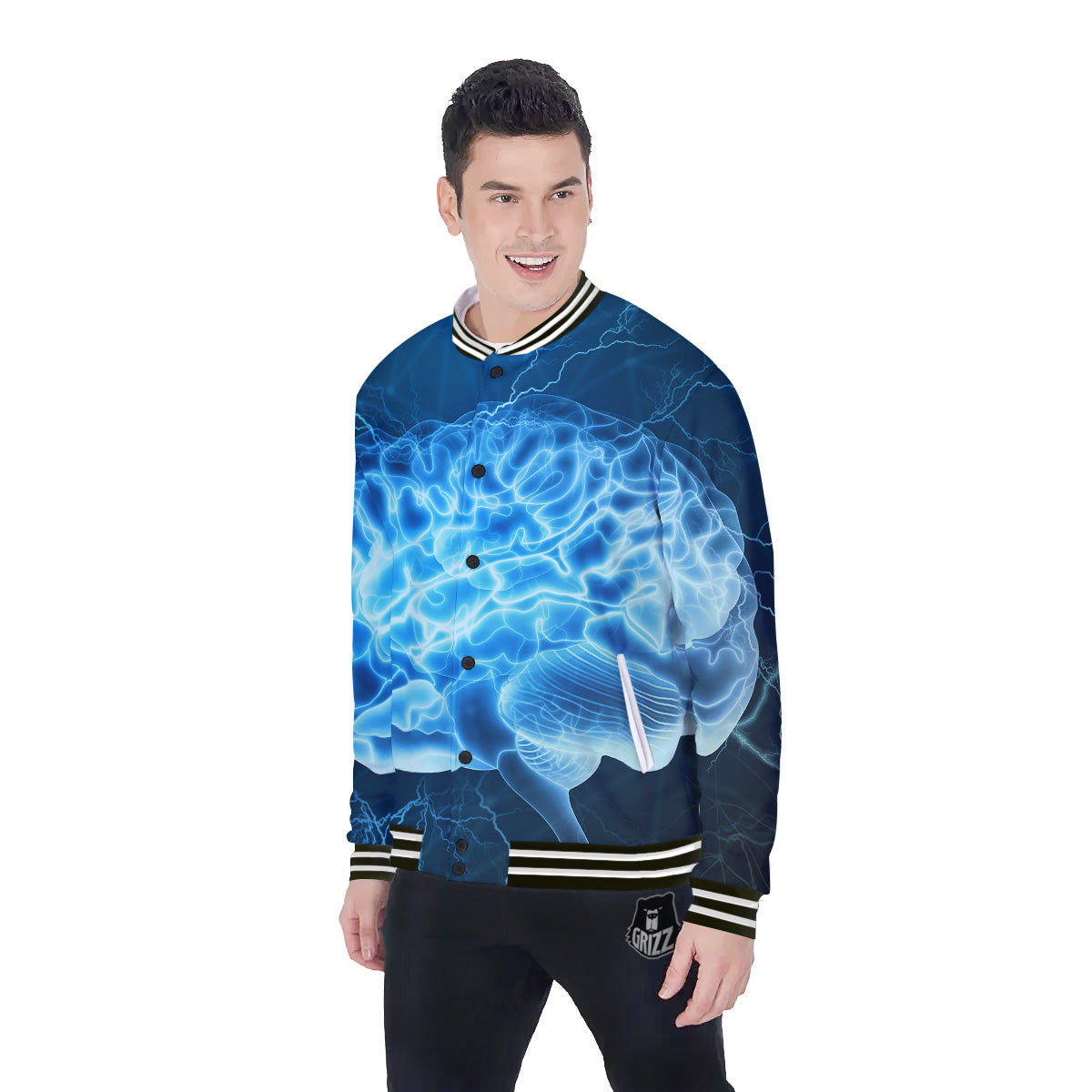 Brain Activity Blue Electrical Print Baseball Jacket-grizzshop