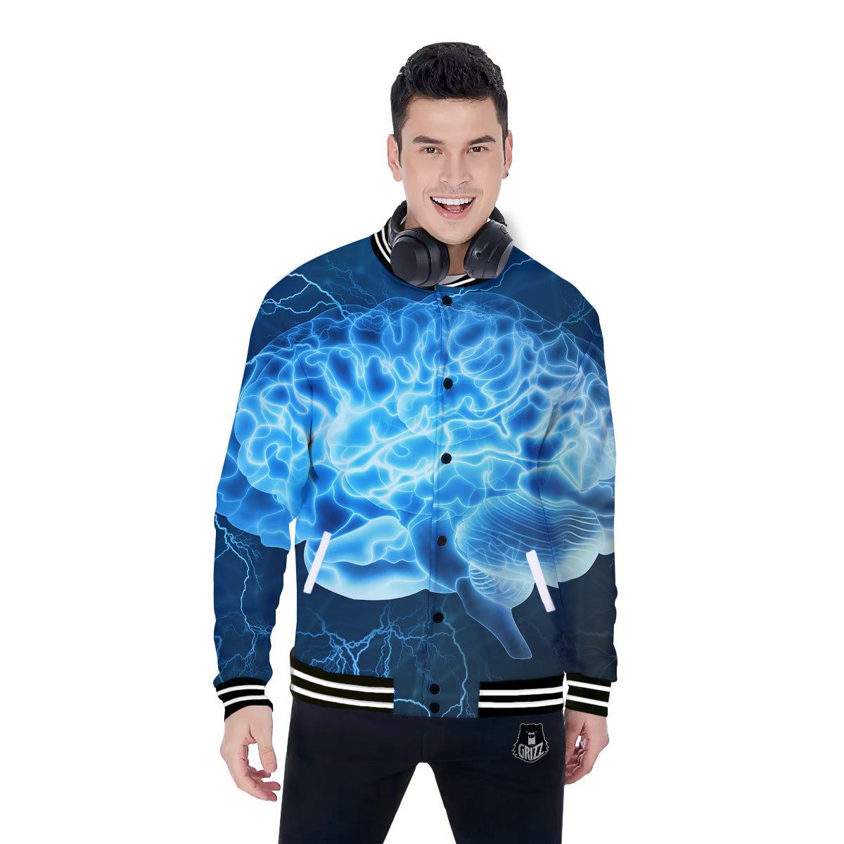 Brain Activity Blue Electrical Print Baseball Jacket-grizzshop