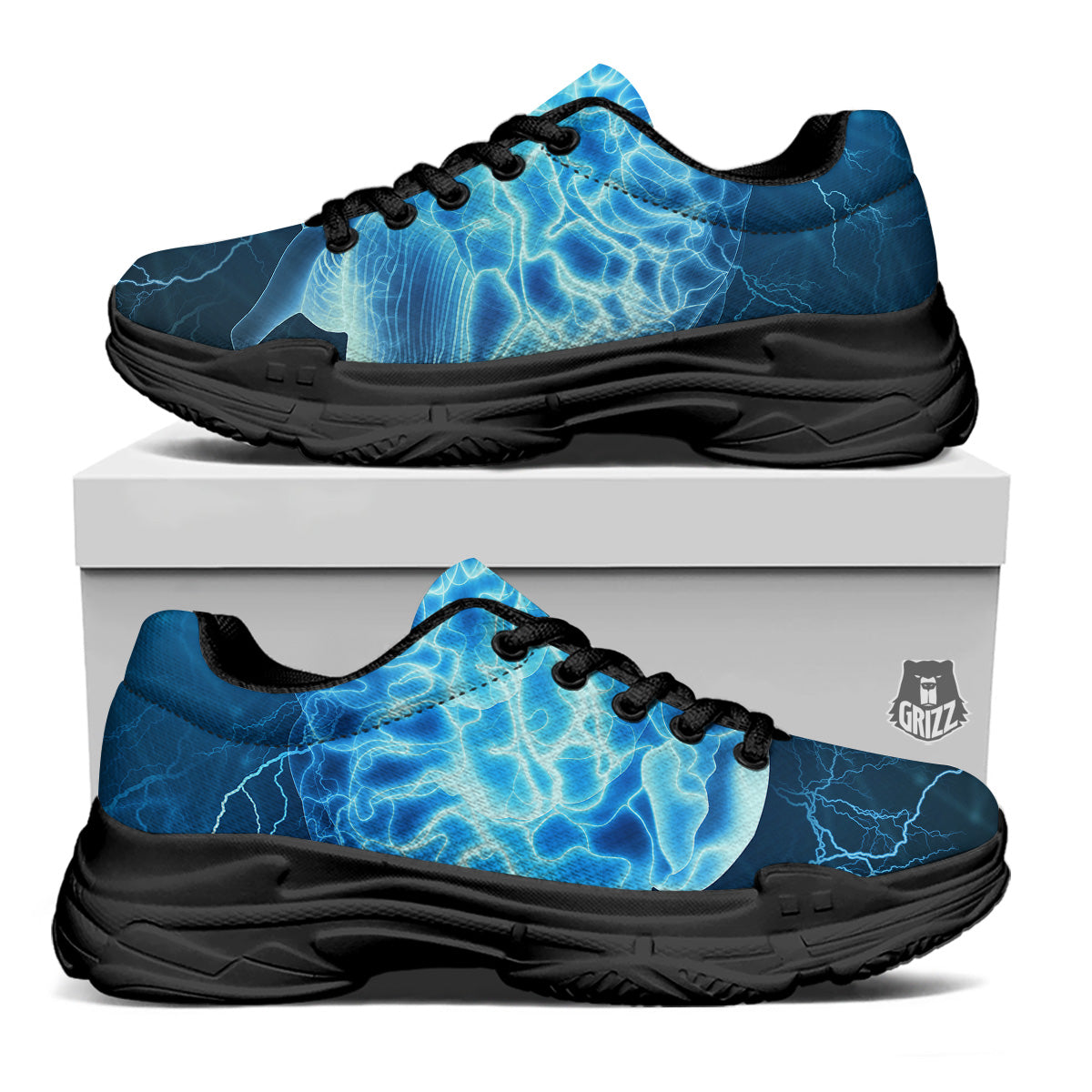 Brain Activity Blue Electrical Print Black Chunky Shoes-grizzshop