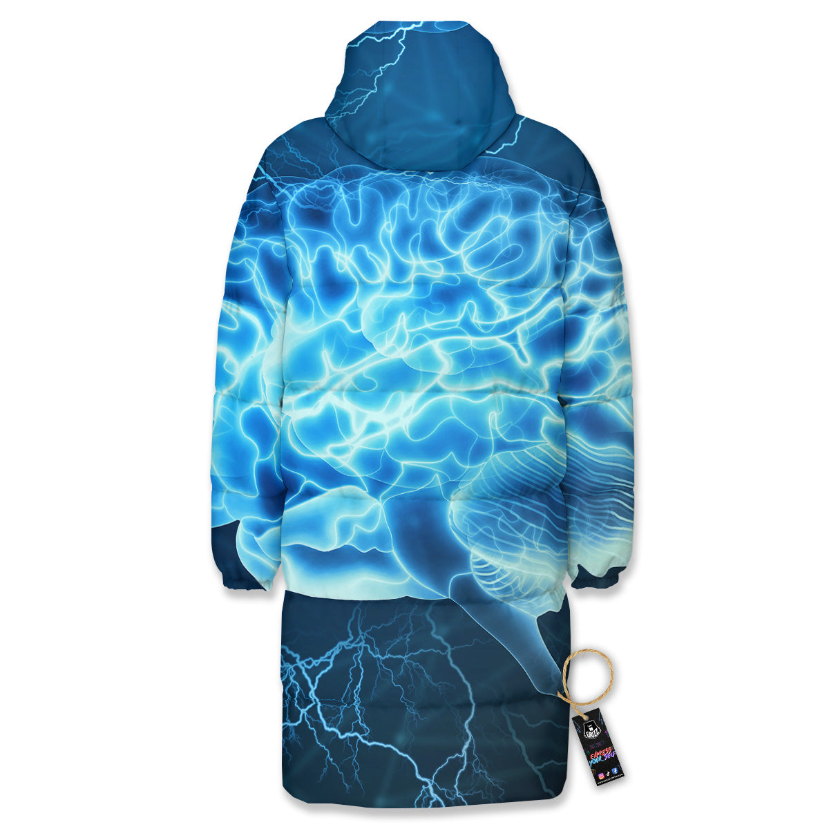 Brain Activity Blue Electrical Print Long Down Jacket-grizzshop