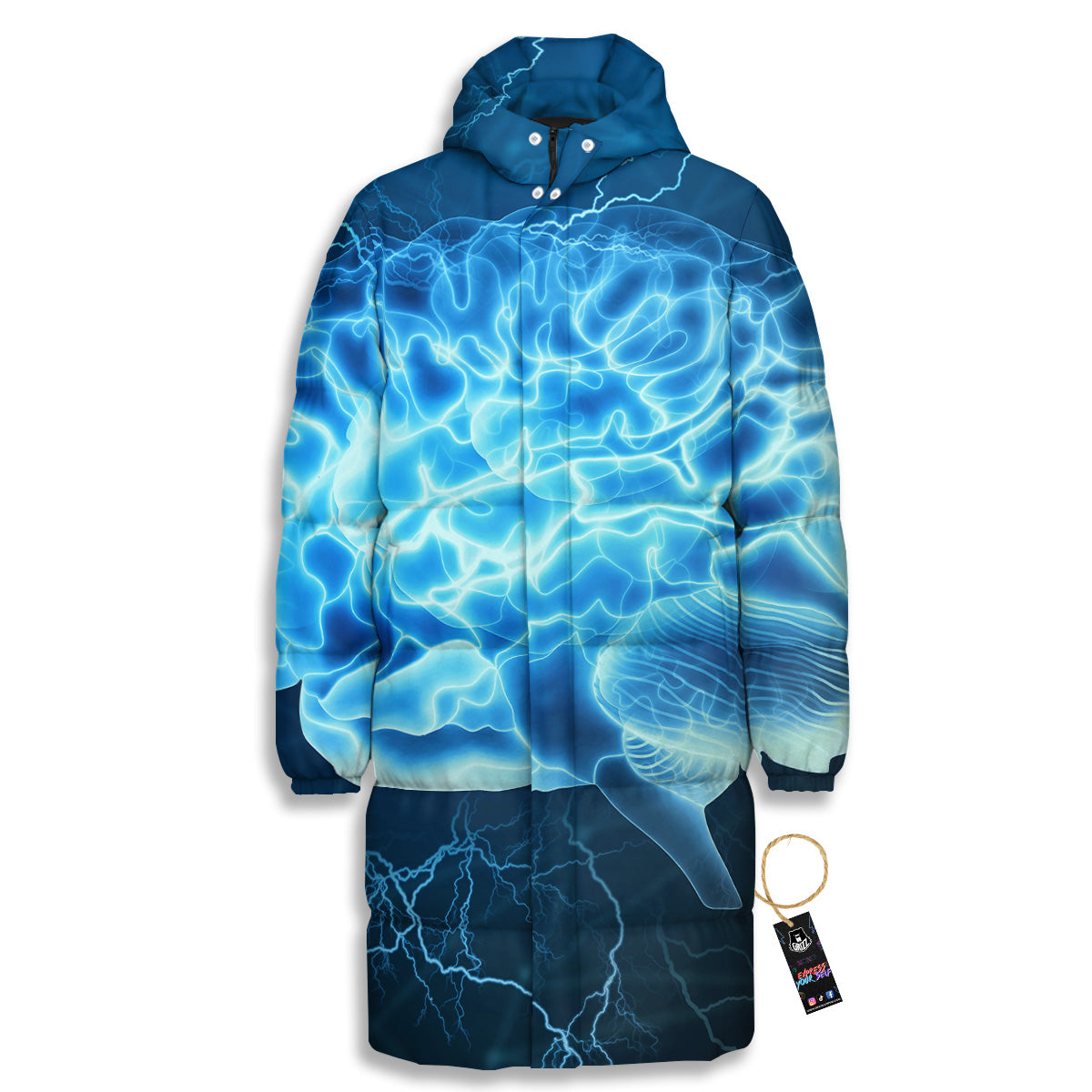 Brain Activity Blue Electrical Print Long Down Jacket-grizzshop