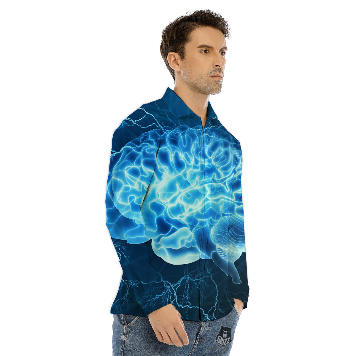 Brain Activity Blue Electrical Print Men's Dress Shirts-grizzshop