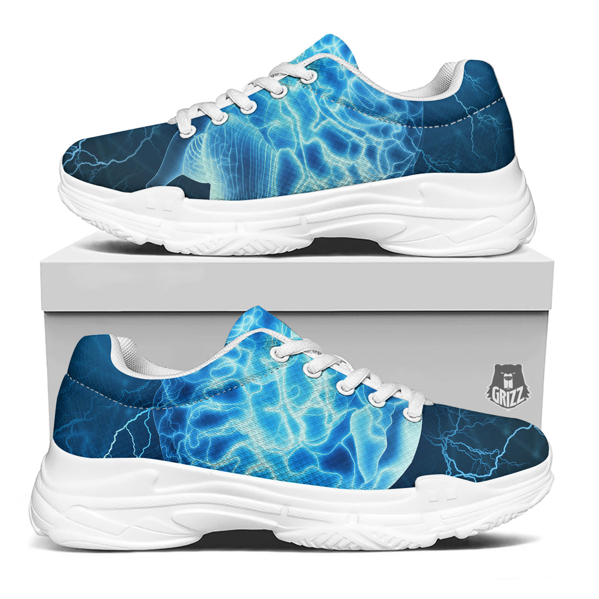 Brain Activity Blue Electrical Print White Chunky Shoes-grizzshop