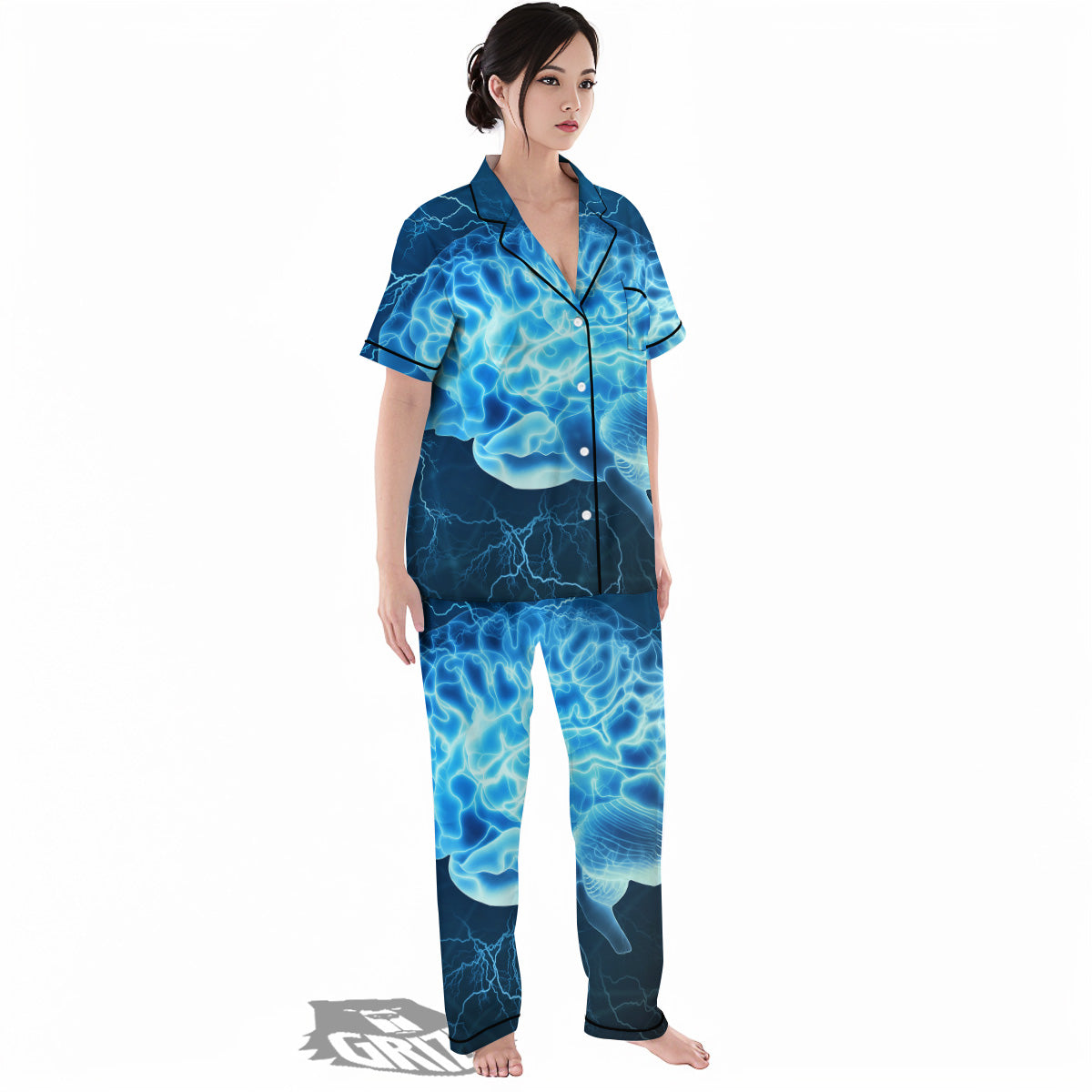 Brain Activity Blue Electrical Print Women's Pajamas Set-grizzshop