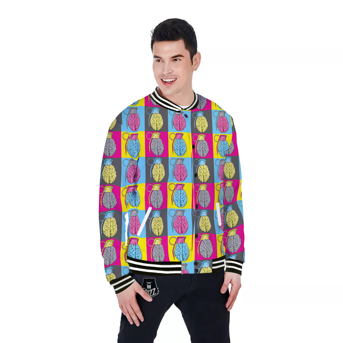 Brain Bomb Colorful Print Pattern Baseball Jacket-grizzshop