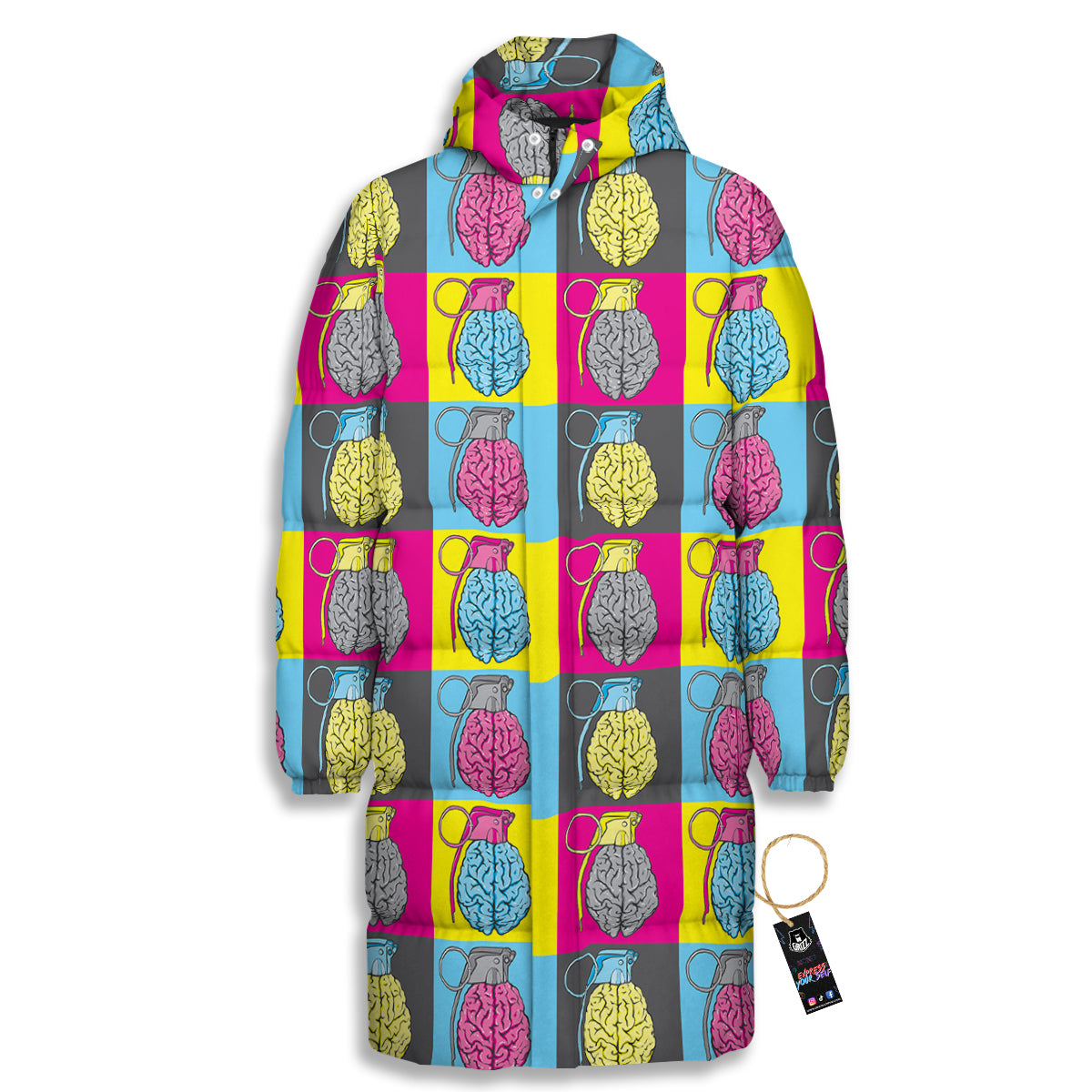 Brain Bomb Colorful Print Pattern Long Down Jacket-grizzshop