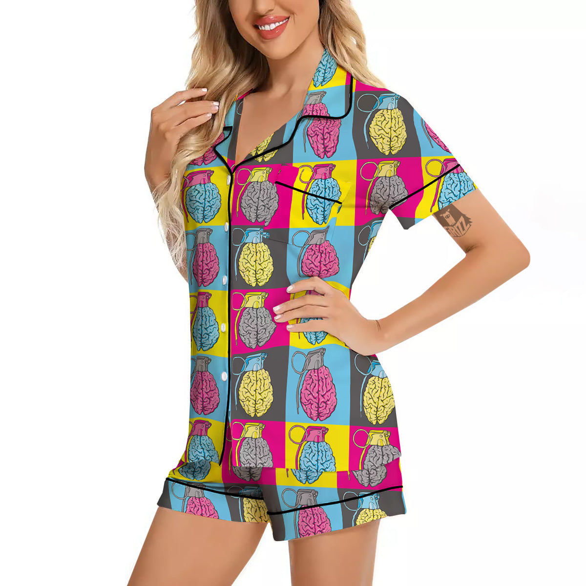 Brain Bomb Colorful Print Pattern Women Silk Pajamas-grizzshop