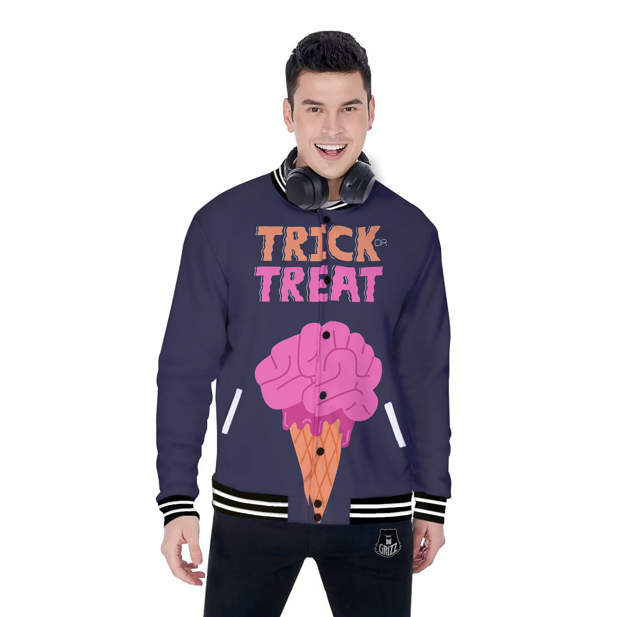 Brain Halloween Print Baseball Jacket-grizzshop