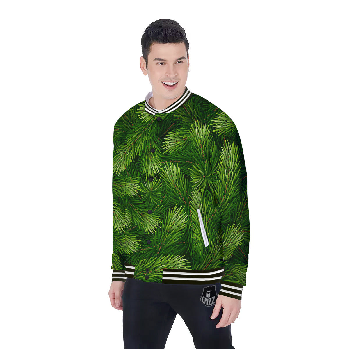 Branches Christmas Tree Print Baseball Jacket-grizzshop