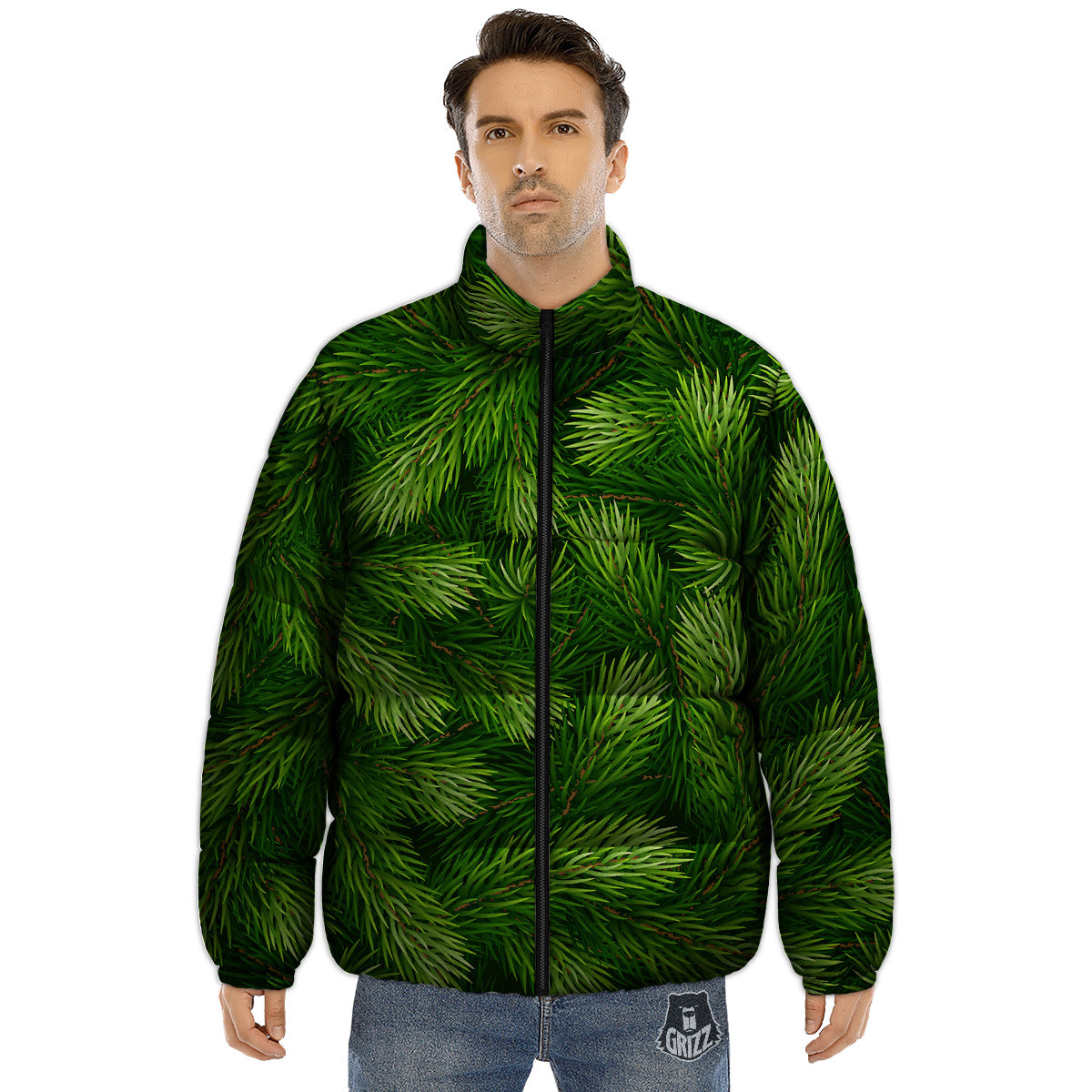 Branches Christmas Tree Print Puffer Jacket-grizzshop