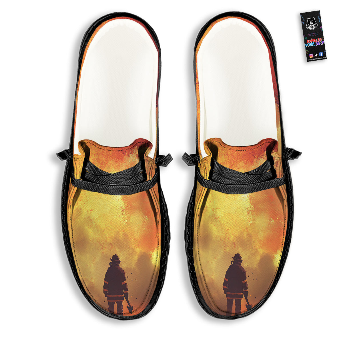 Brave Firefighter In The Fire Print Black Loafers-grizzshop