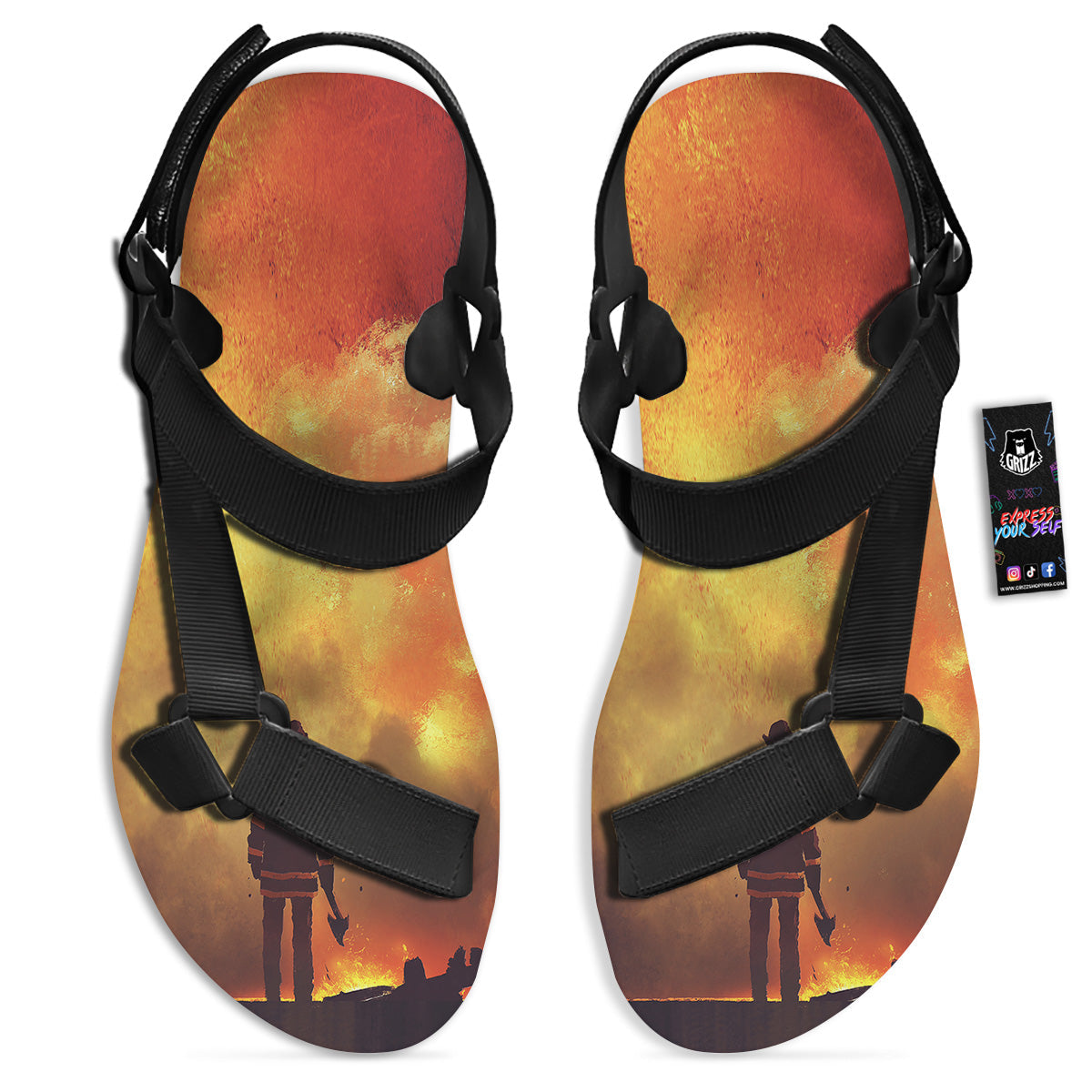 Brave Firefighter In The Fire Print Black Open Toe Sandals-grizzshop