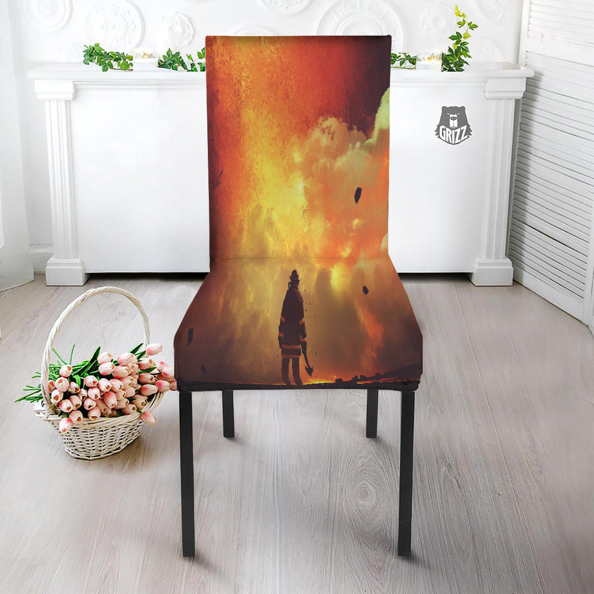 Brave Firefighter In The Fire Print Dining Chair Slipcover-grizzshop