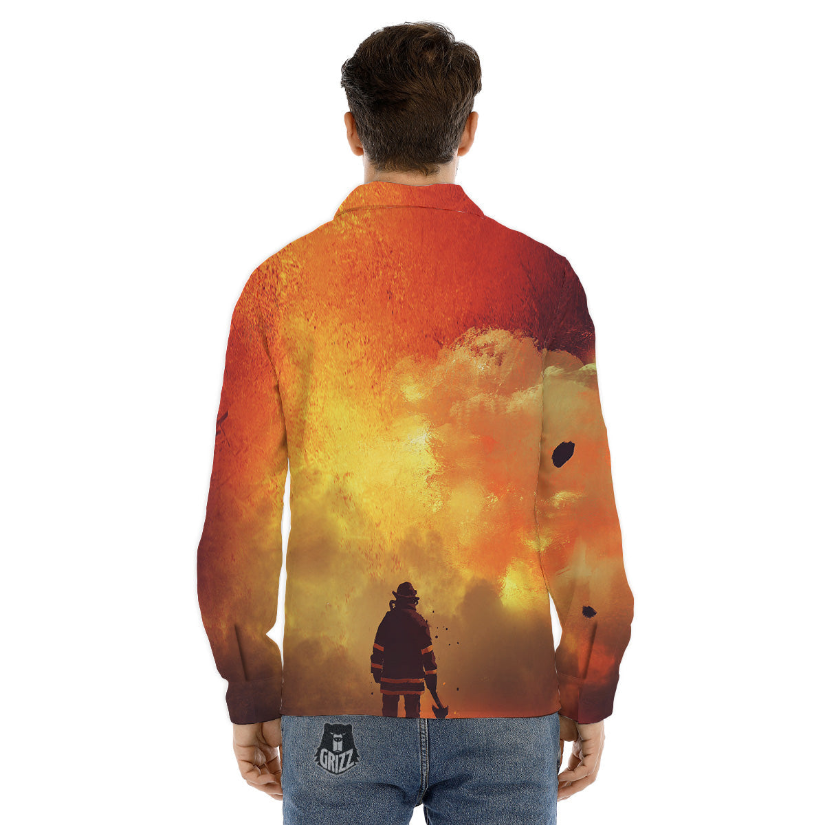 Brave Firefighter In The Fire Print Men's Dress Shirts-grizzshop