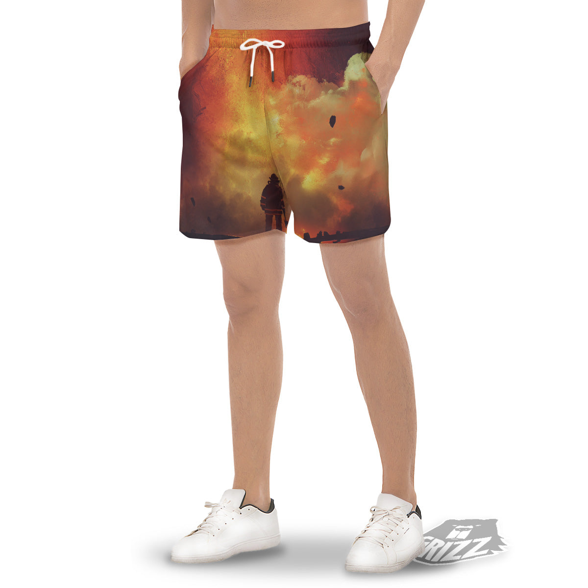 Brave Firefighter In The Fire Print Men's Gym Shorts-grizzshop