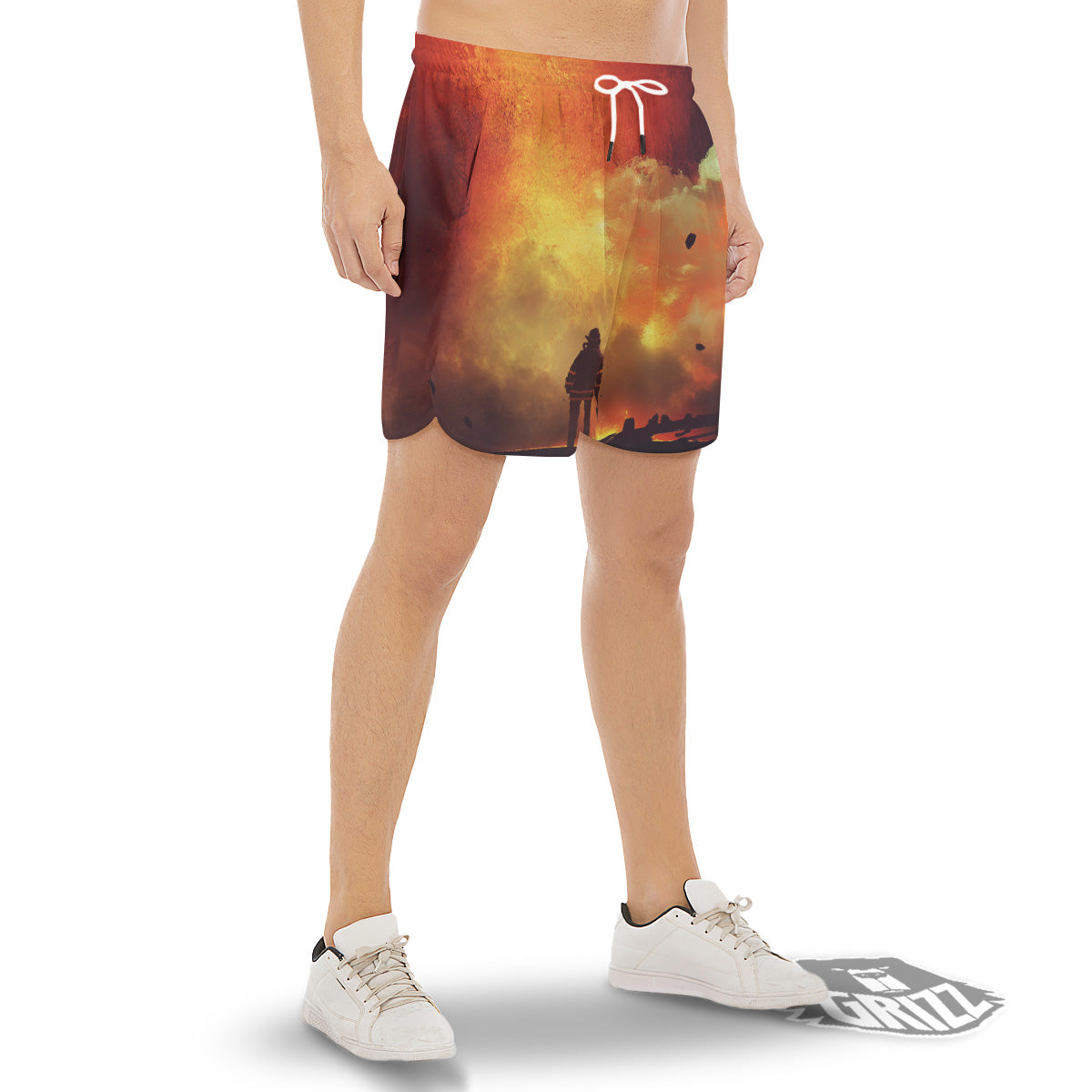 Brave Firefighter In The Fire Print Men's Gym Shorts-grizzshop