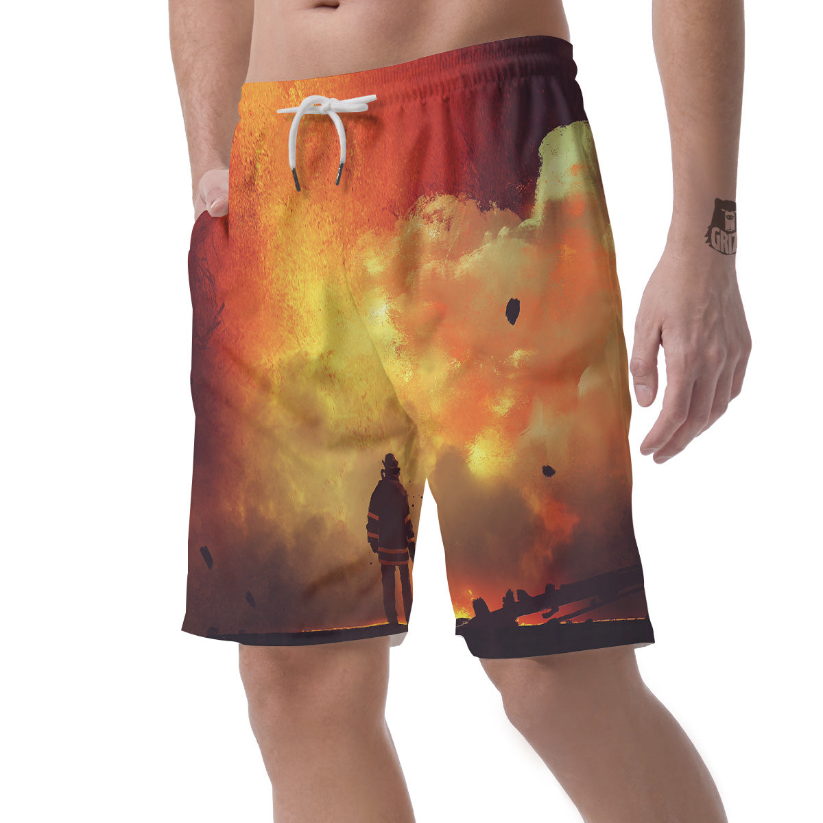 Brave Firefighter In The Fire Print Men's Shorts-grizzshop