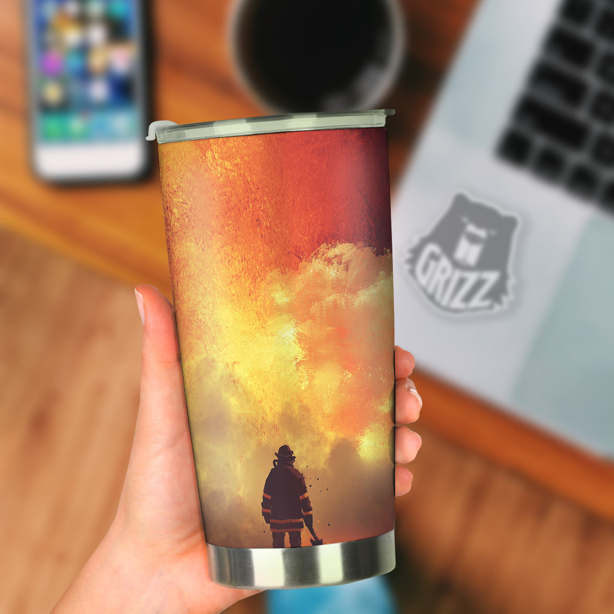 Brave Firefighter In The Fire Print Tumbler-grizzshop