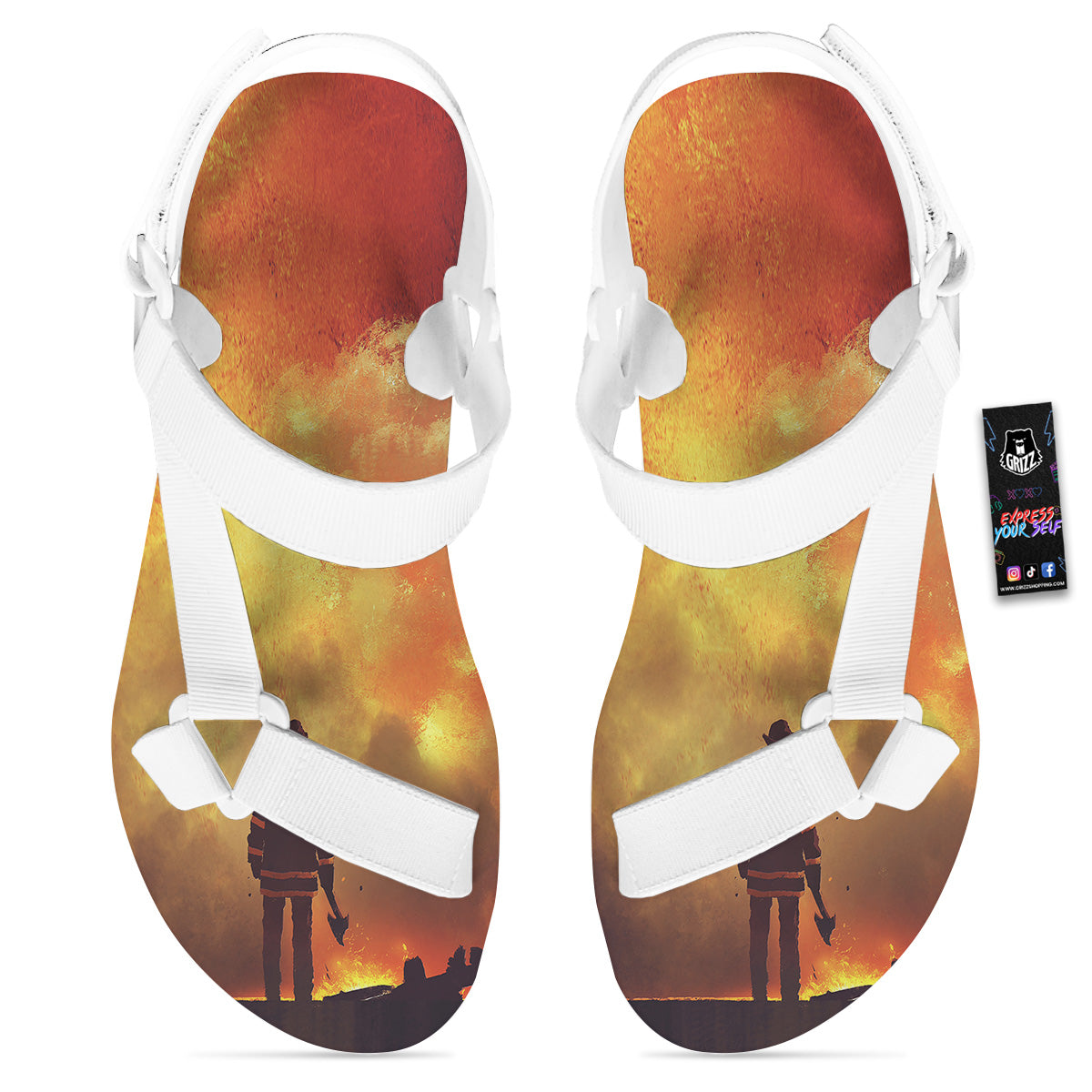 Brave Firefighter In The Fire Print White Open Toe Sandals-grizzshop