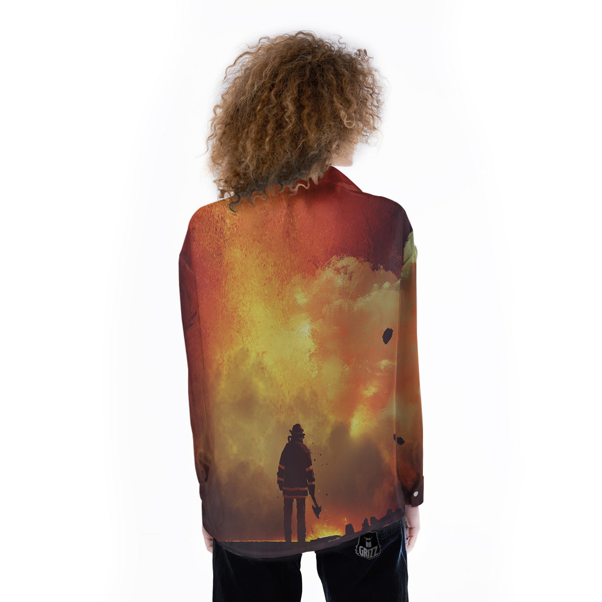 Brave Firefighter In The Fire Print Women's Long Sleeve Shirts-grizzshop