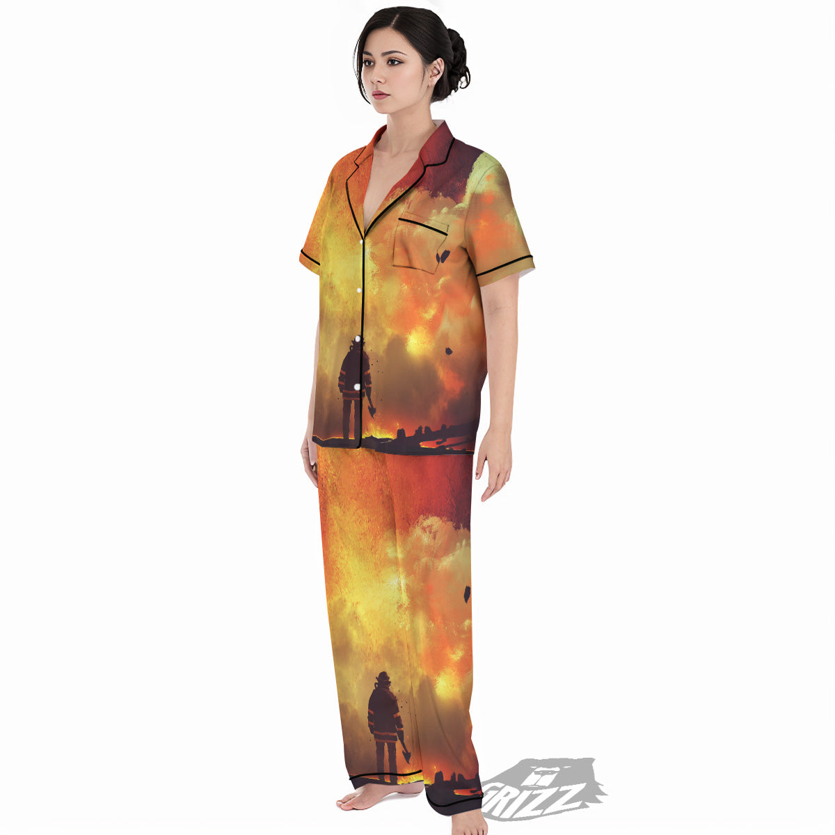 Brave Firefighter In The Fire Print Women's Pajamas Set-grizzshop