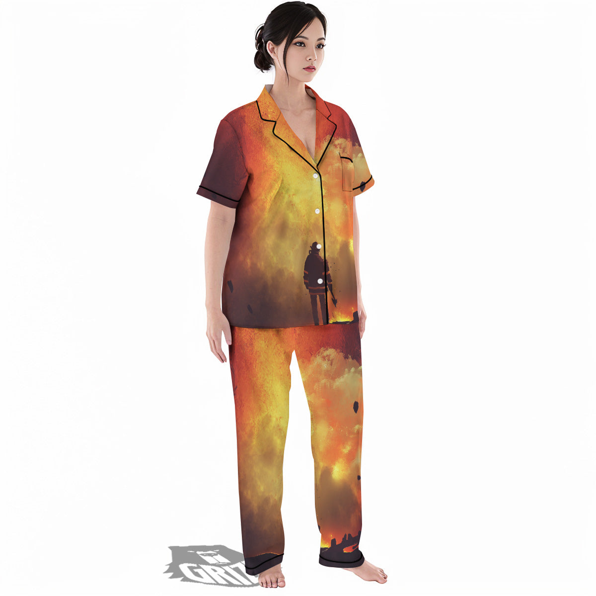 Brave Firefighter In The Fire Print Women's Pajamas Set-grizzshop