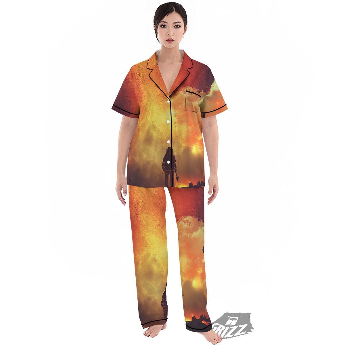 Brave Firefighter In The Fire Print Women's Pajamas Set-grizzshop
