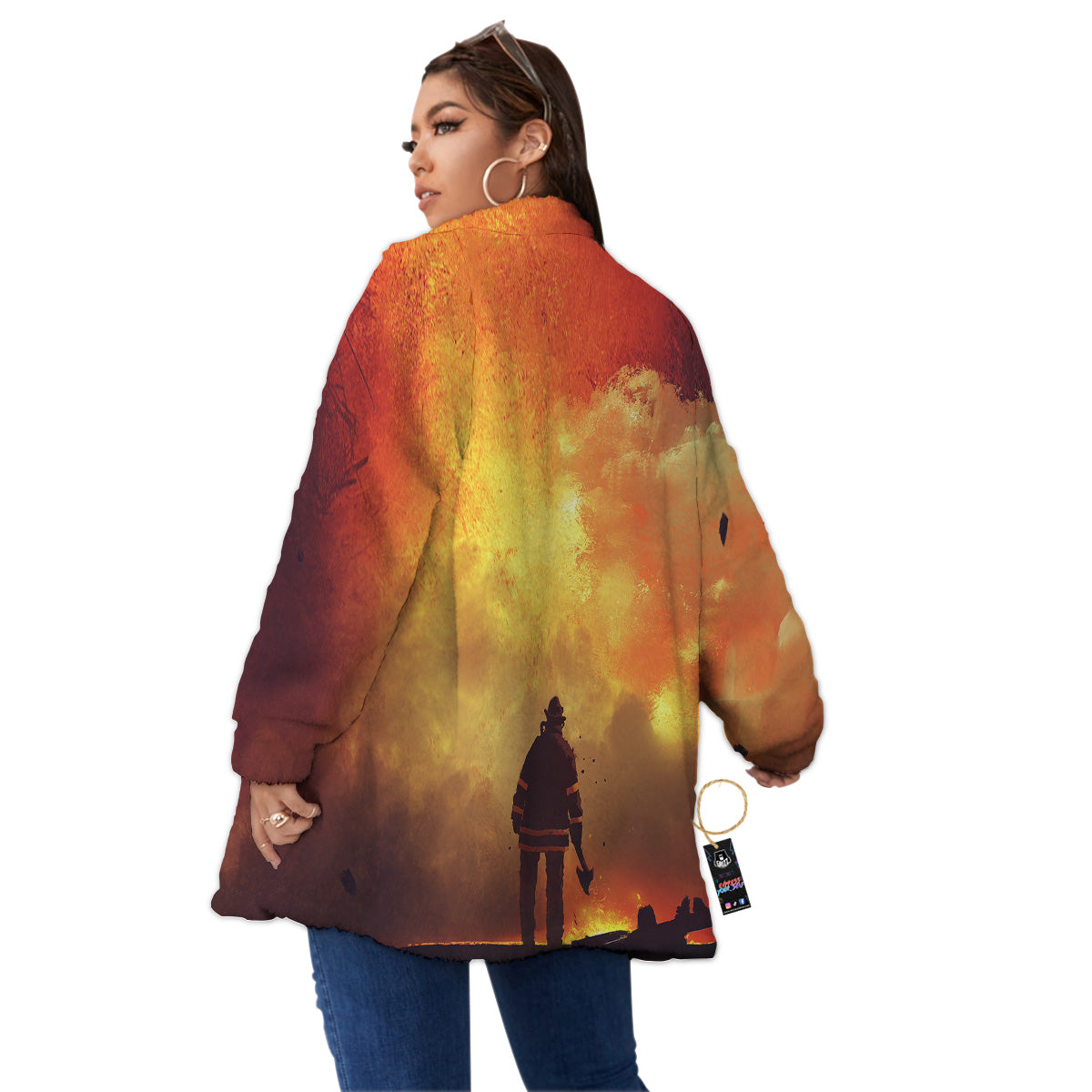 Brave Firefighter In The Fire Print Women's Sherpa Jacket-grizzshop