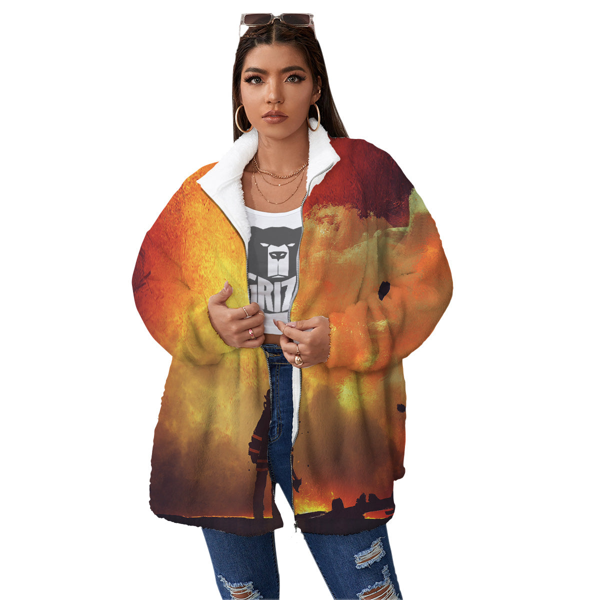 Brave Firefighter In The Fire Print Women's Sherpa Jacket-grizzshop
