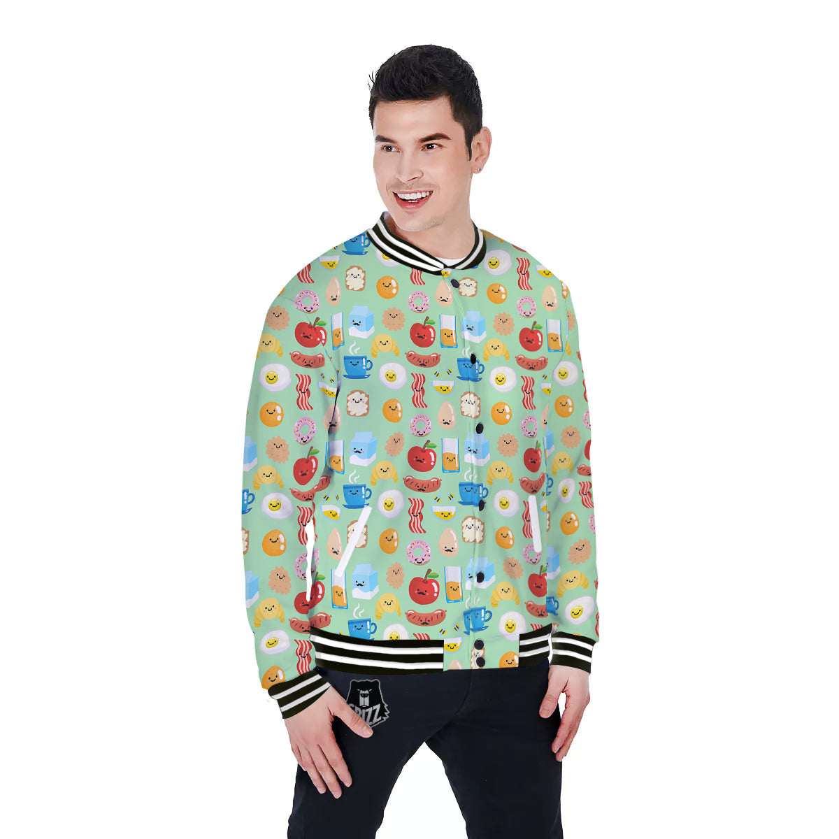 Breakfast Cartoon Print Pattern Baseball Jacket-grizzshop