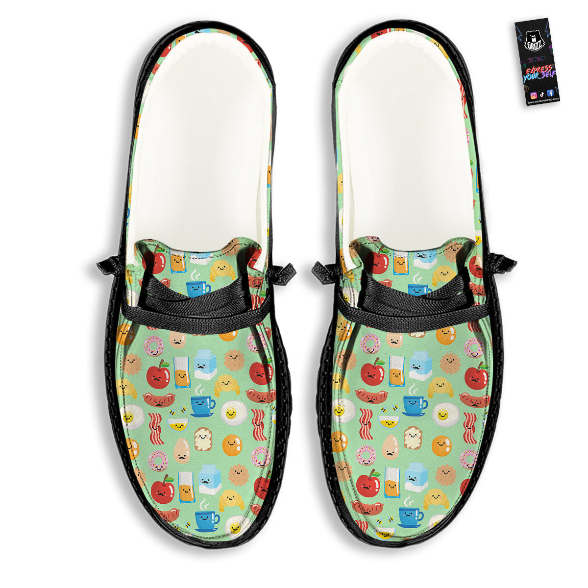 Breakfast Cartoon Print Pattern Black Loafers-grizzshop