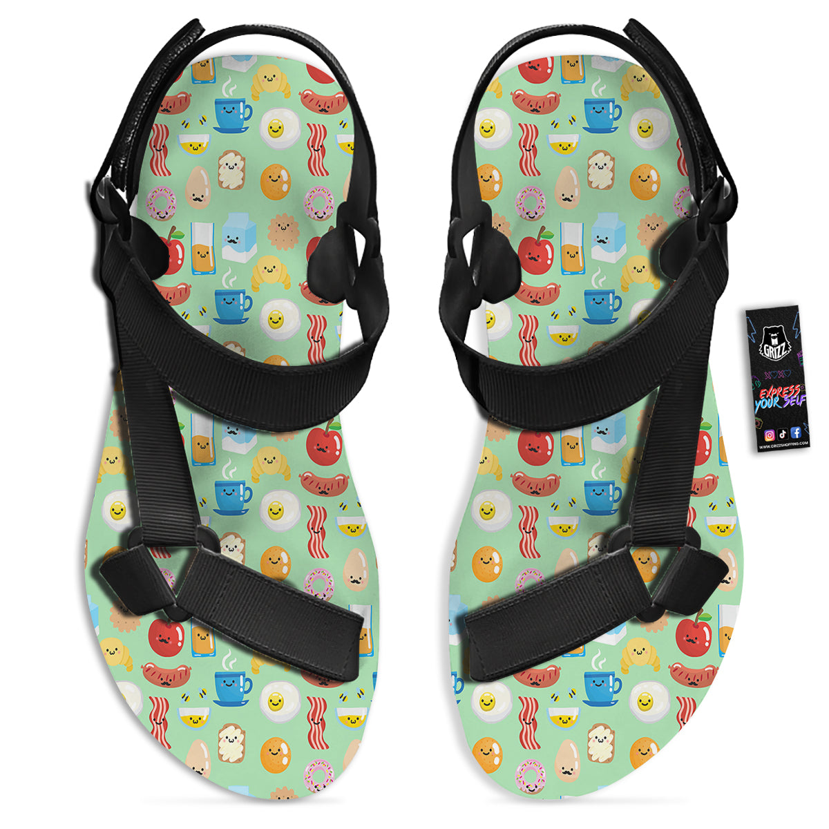 Breakfast Cartoon Print Pattern Black Open Toe Sandals-grizzshop