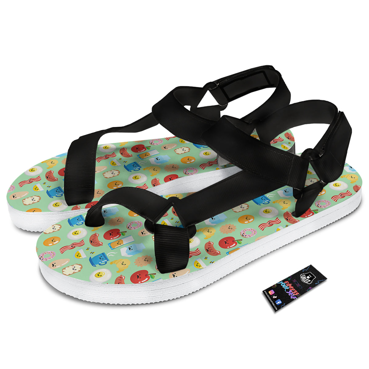 Breakfast Cartoon Print Pattern Black Open Toe Sandals-grizzshop