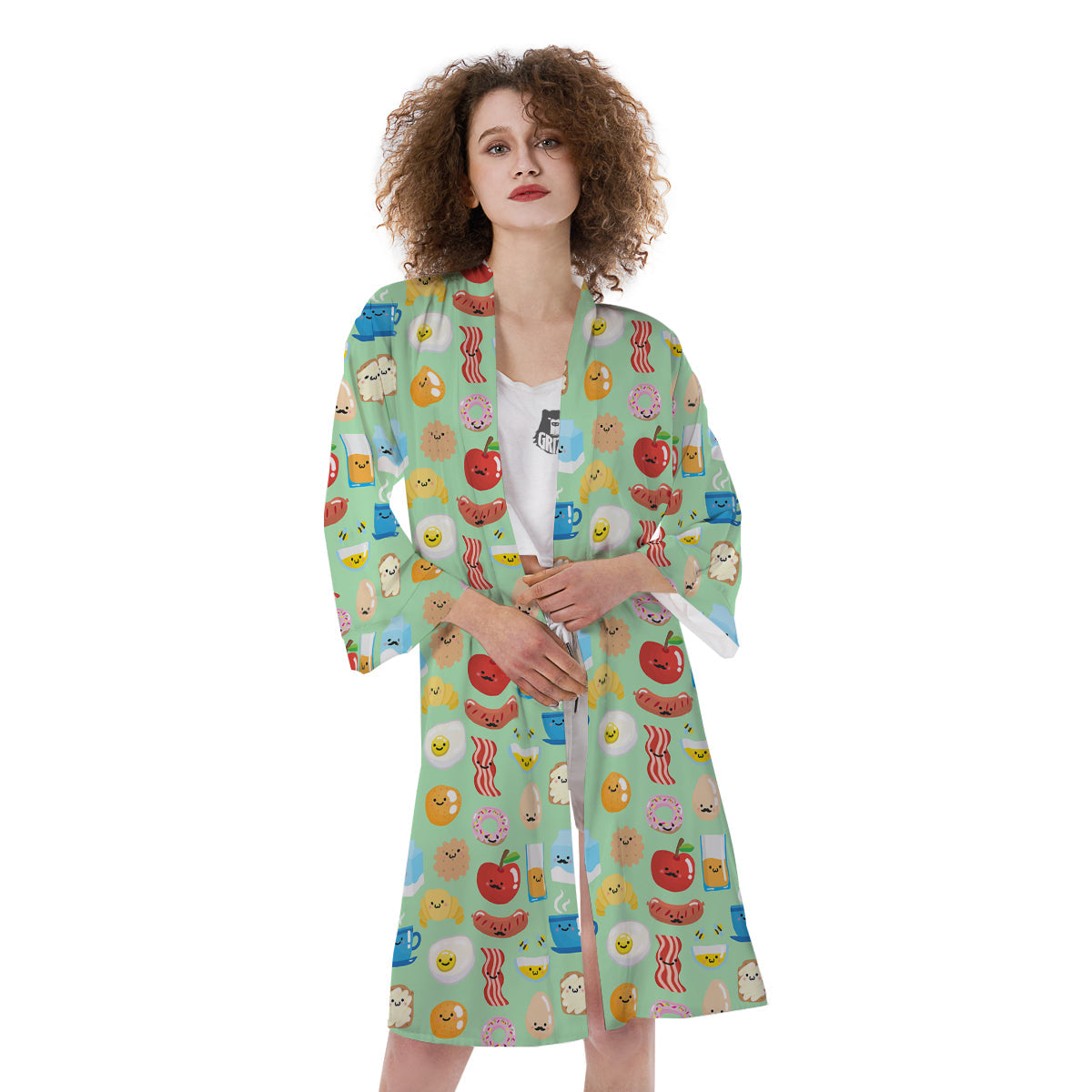 Breakfast Cartoon Print Pattern Kimono-grizzshop