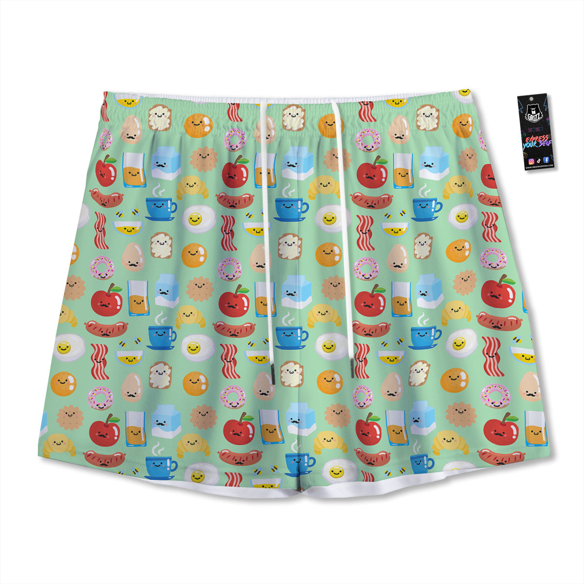Breakfast Cartoon Print Pattern Mesh Shorts-grizzshop